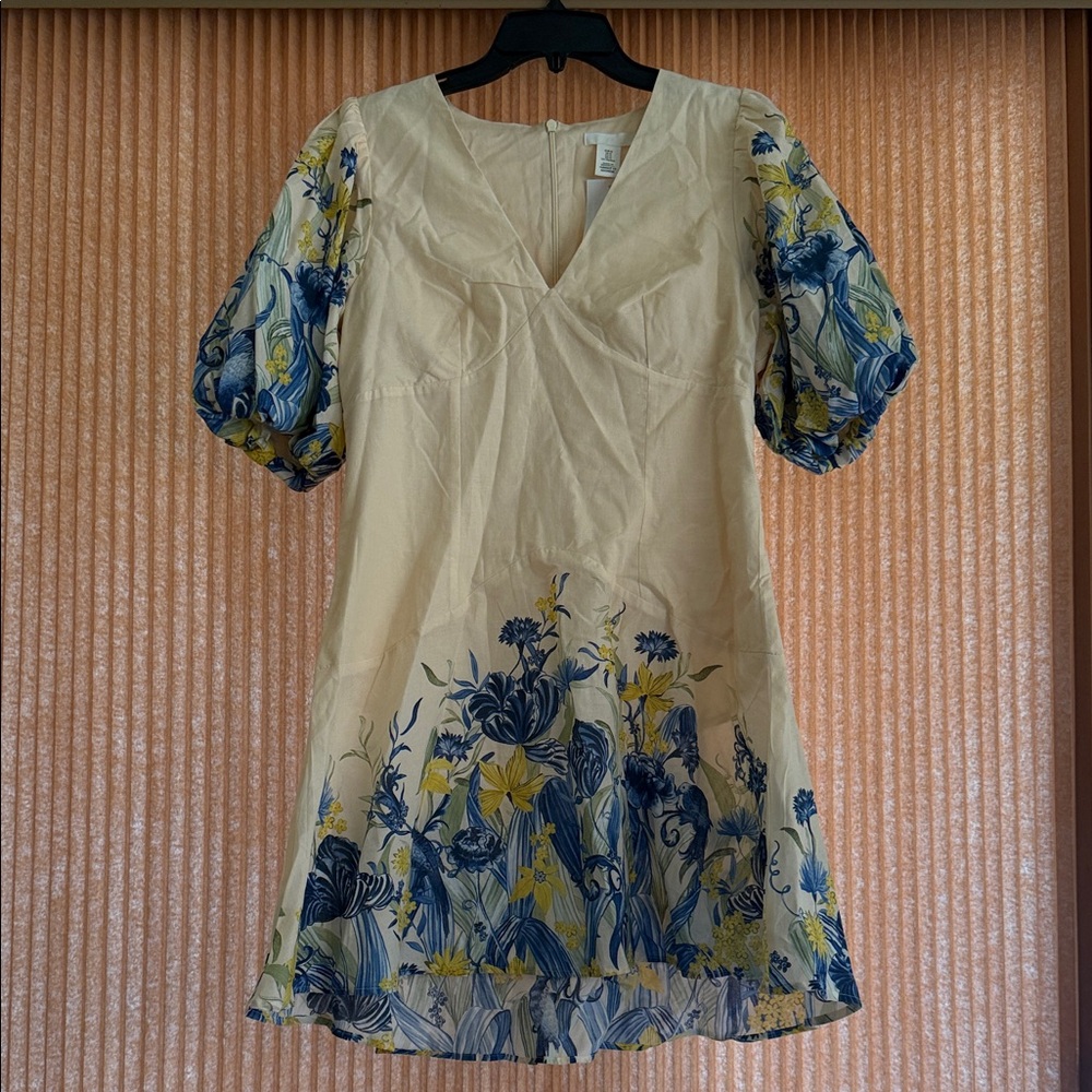 H&M Floral Puff Sleeve Cream Dress with Blue & Yellow Print